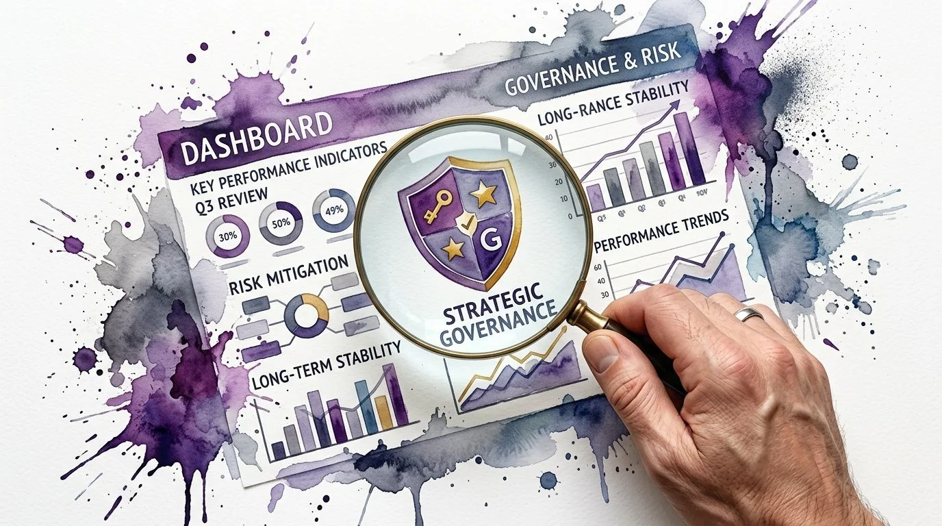 A magnifying glass focusing on a shield icon over a dashboard visualizing corporate strategic governance and metrics.