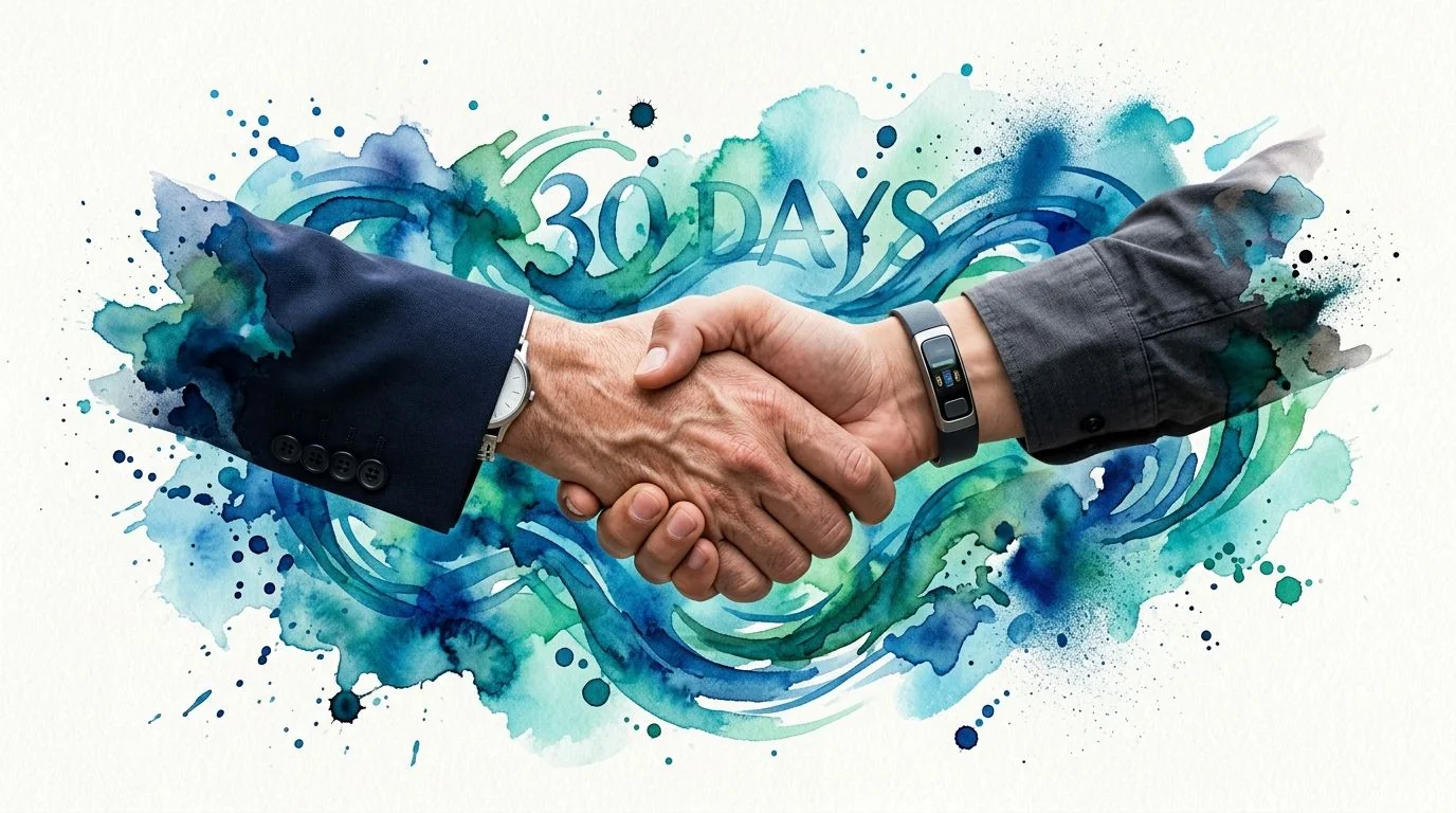 A professional handshake over a creative watercolor background featuring the text 30 days.
