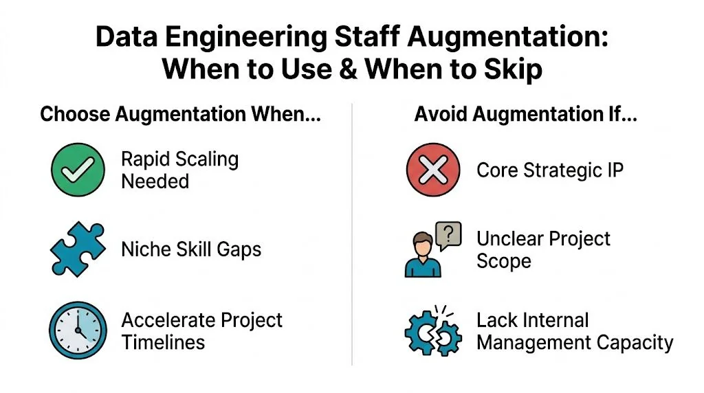 An infographic comparing when to choose or avoid data engineering staff augmentation for business projects.