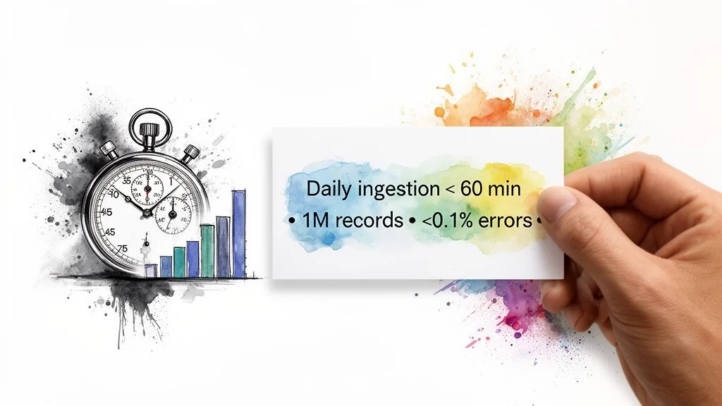 A hand holds a card with data performance metrics: daily ingestion time, records, and error rate.