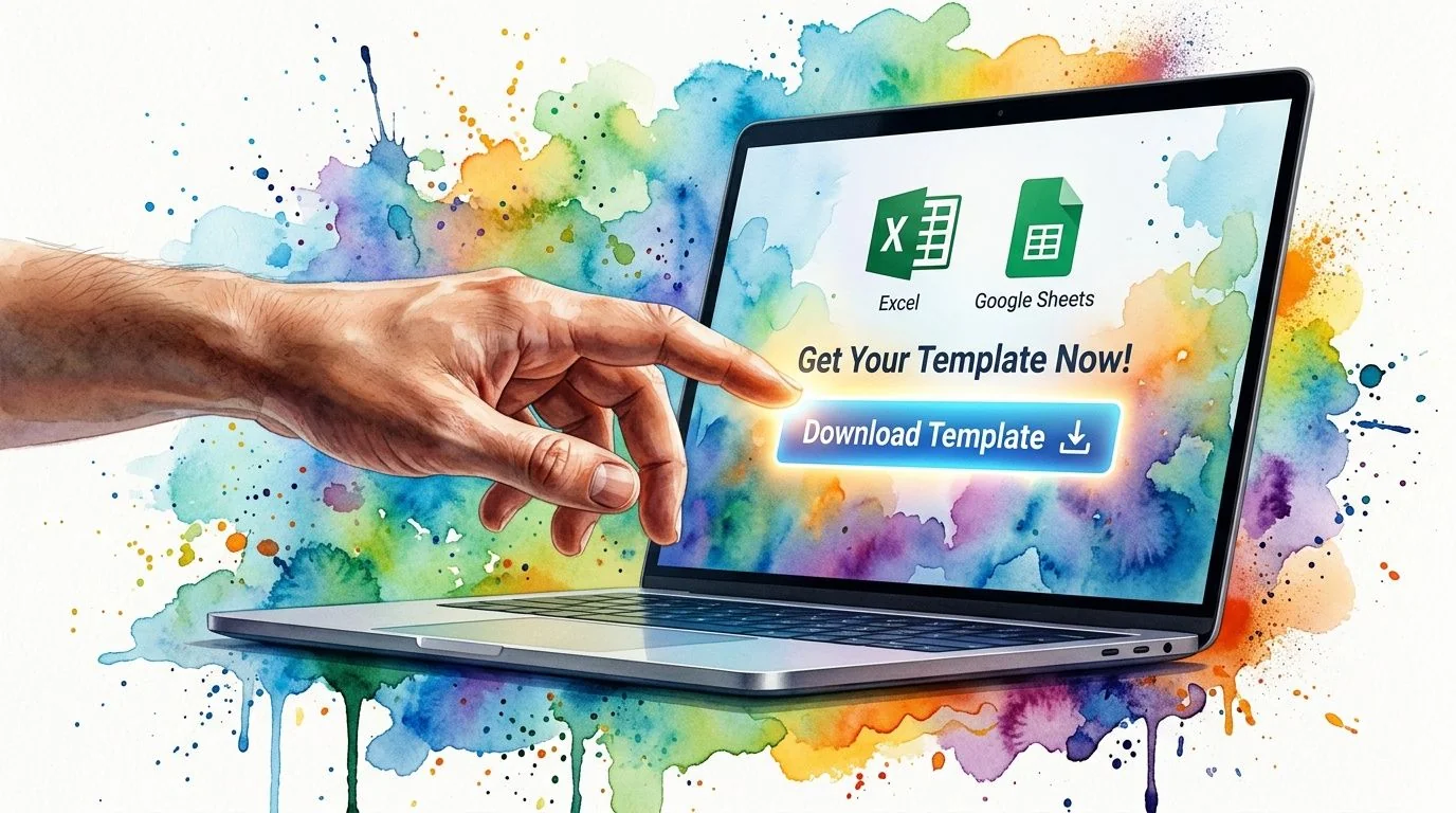 A hand points at a laptop screen displaying a download button for Excel and Google Sheets templates.