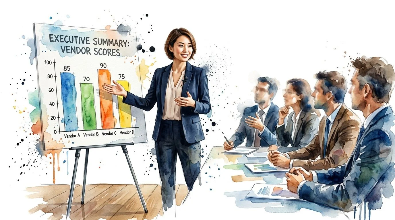 A businesswoman presents vendor performance scores on a whiteboard to a professional team in an office.