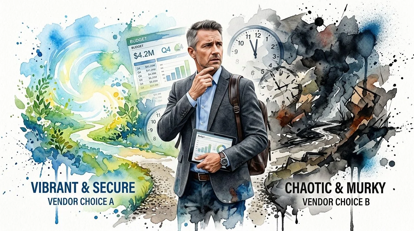 A professional man standing between a vibrant landscape representing secure vendor choice and a chaotic dark side.