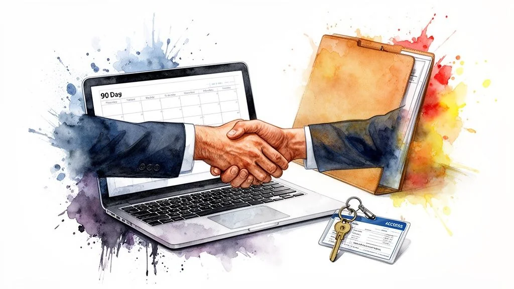 A data governance consultant checks a digital compliance checklist on a tablet, with data icons.