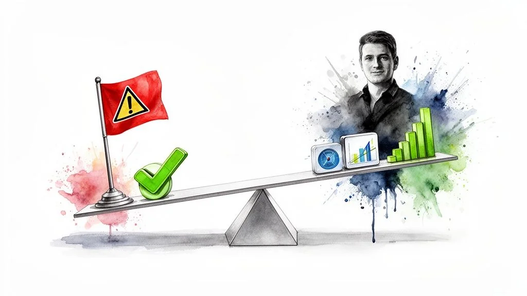 A seesaw balancing a red warning flag and a green checkmark against a consultant with data analysis icons, representing risk versus solution.
