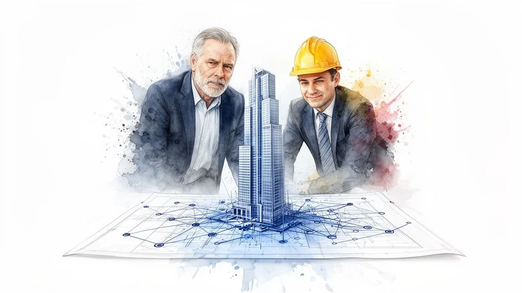 Two male consultants, one with a hard hat, examining a skyscraper model on a blueprint with network.
