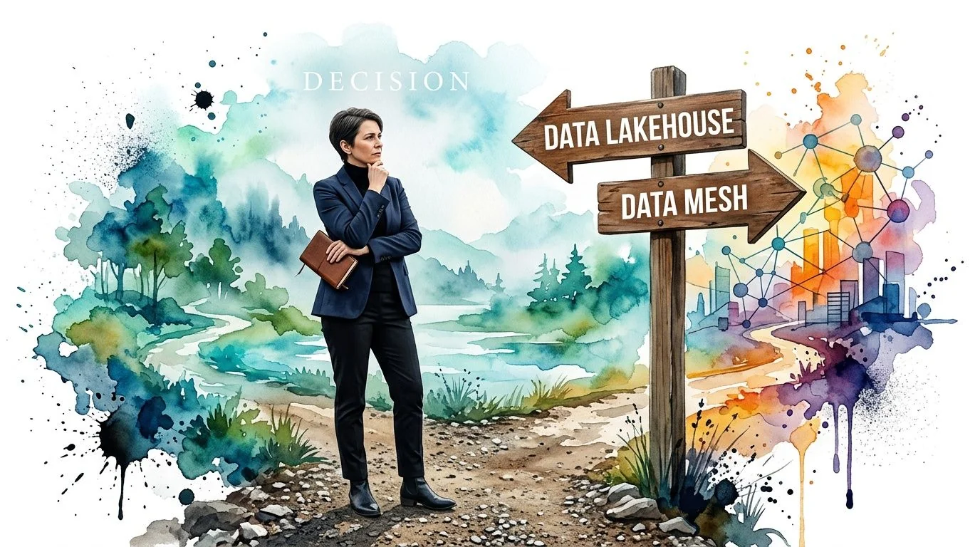 A professional woman standing at a crossroads deciding between data lakehouse and data mesh strategies.
