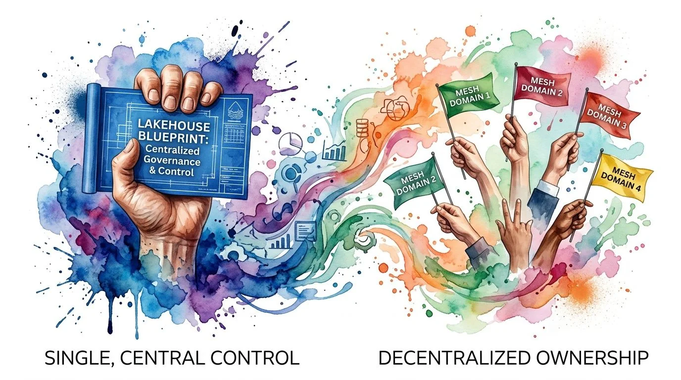 An illustration contrasting centralized data lakehouse governance with decentralized data mesh ownership through conceptual artistic imagery.