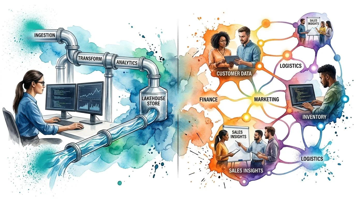 A digital illustration showing a data lakehouse pipeline flowing into a complex data mesh business network.