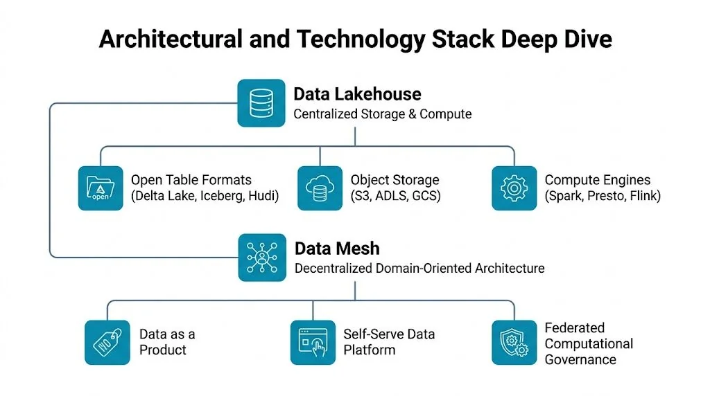 A diagram comparing the architectural components of Data Lakehouse versus Data Mesh data management systems.