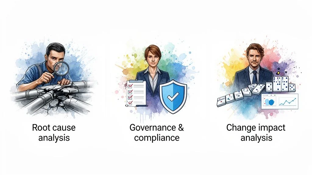 Three distinct illustrations depicting root cause, governance, and change impact analysis business concepts.