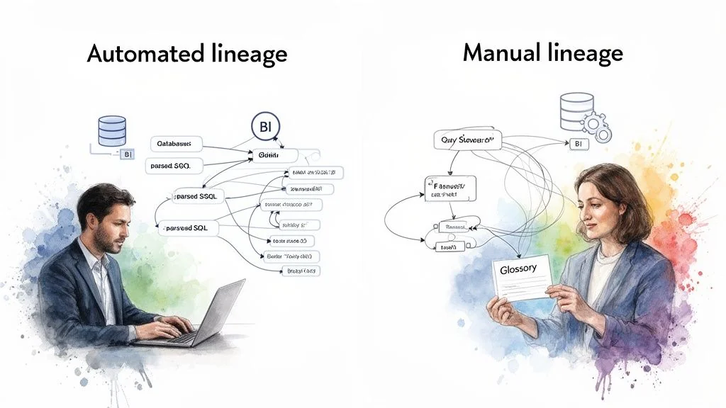 Automated vs. manual data lineage comparison: a man with a laptop and a woman with a glossary.
