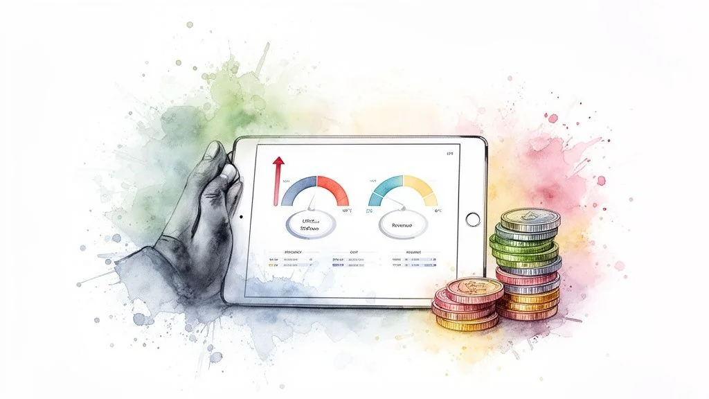 Hand holding tablet with business dashboards and data, beside colorful coin stacks, watercolor style.