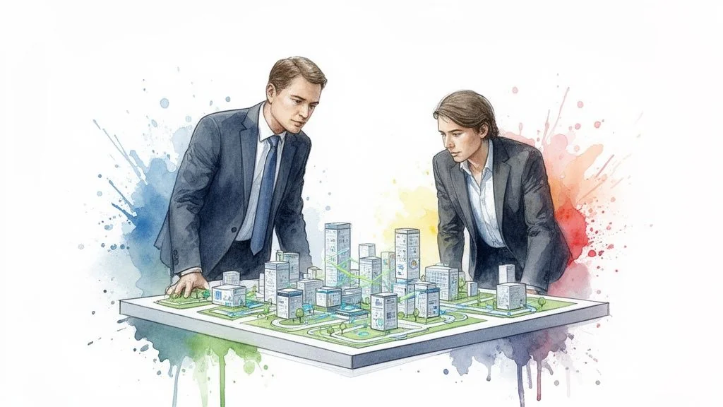Business professionals review a smart city data mesh model in a vibrant watercolor artwork.