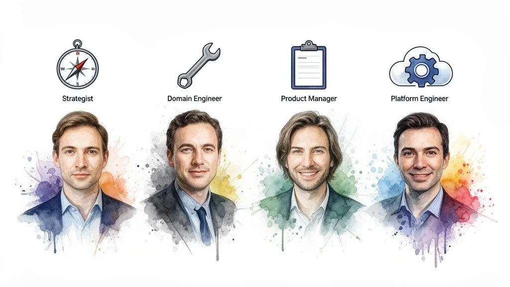 Four professional roles: Strategist, Domain Engineer, Product Manager, and Platform Engineer with icons and watercolor portraits.