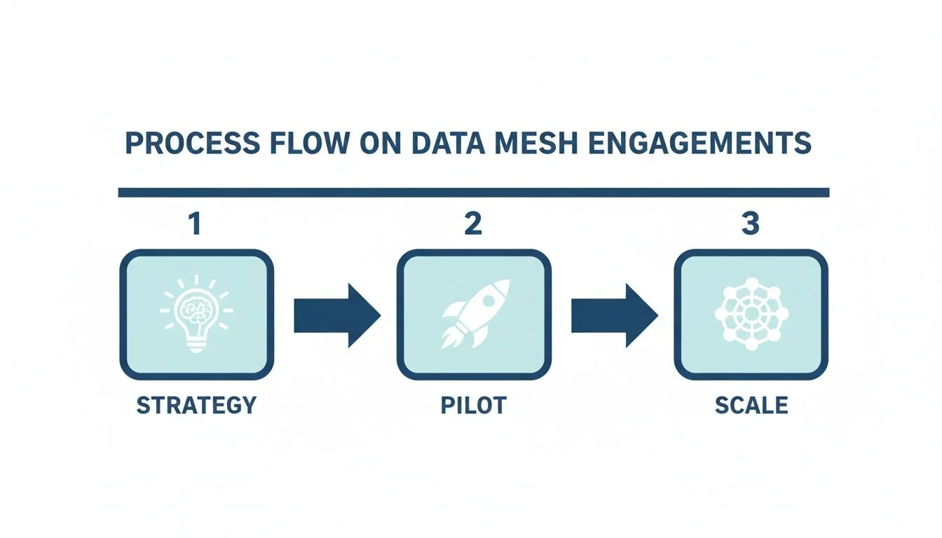 A three-step process flow for data mesh engagements, illustrating Strategy, Pilot, and Scale phases.