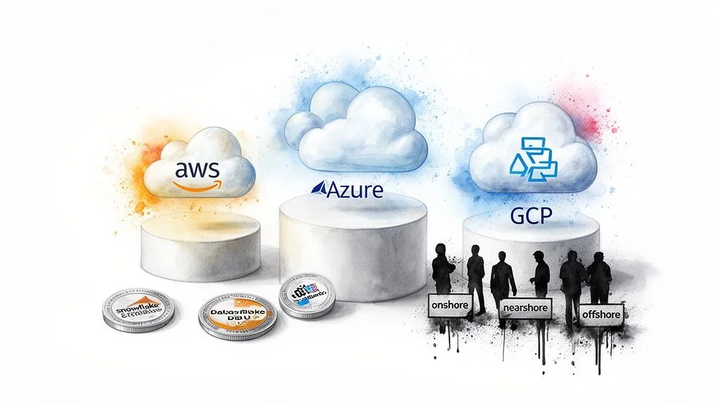 Illustration of AWS, Azure, GCP cloud platforms, data processing services, and global workforce models.