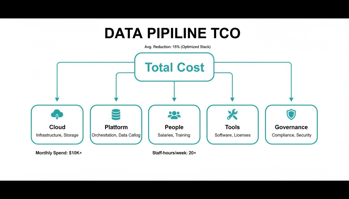Diagram illustrating data pipeline total cost of ownership (TCO) breakdown by five key components.