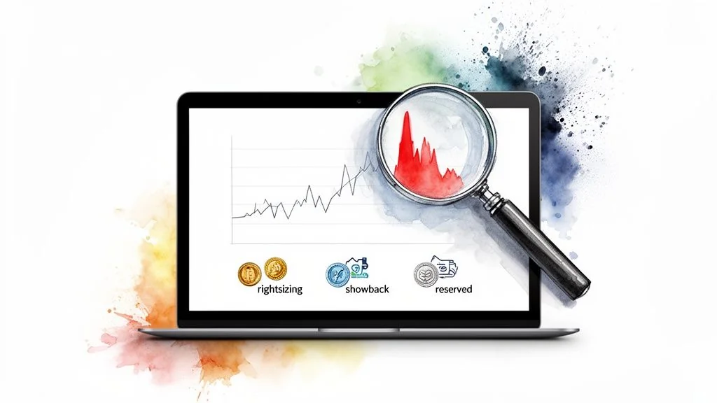 A laptop with a data pipeline cost graph, magnifying glass analyzing a trend, and icons for rightsizing, showback, and reserved.
