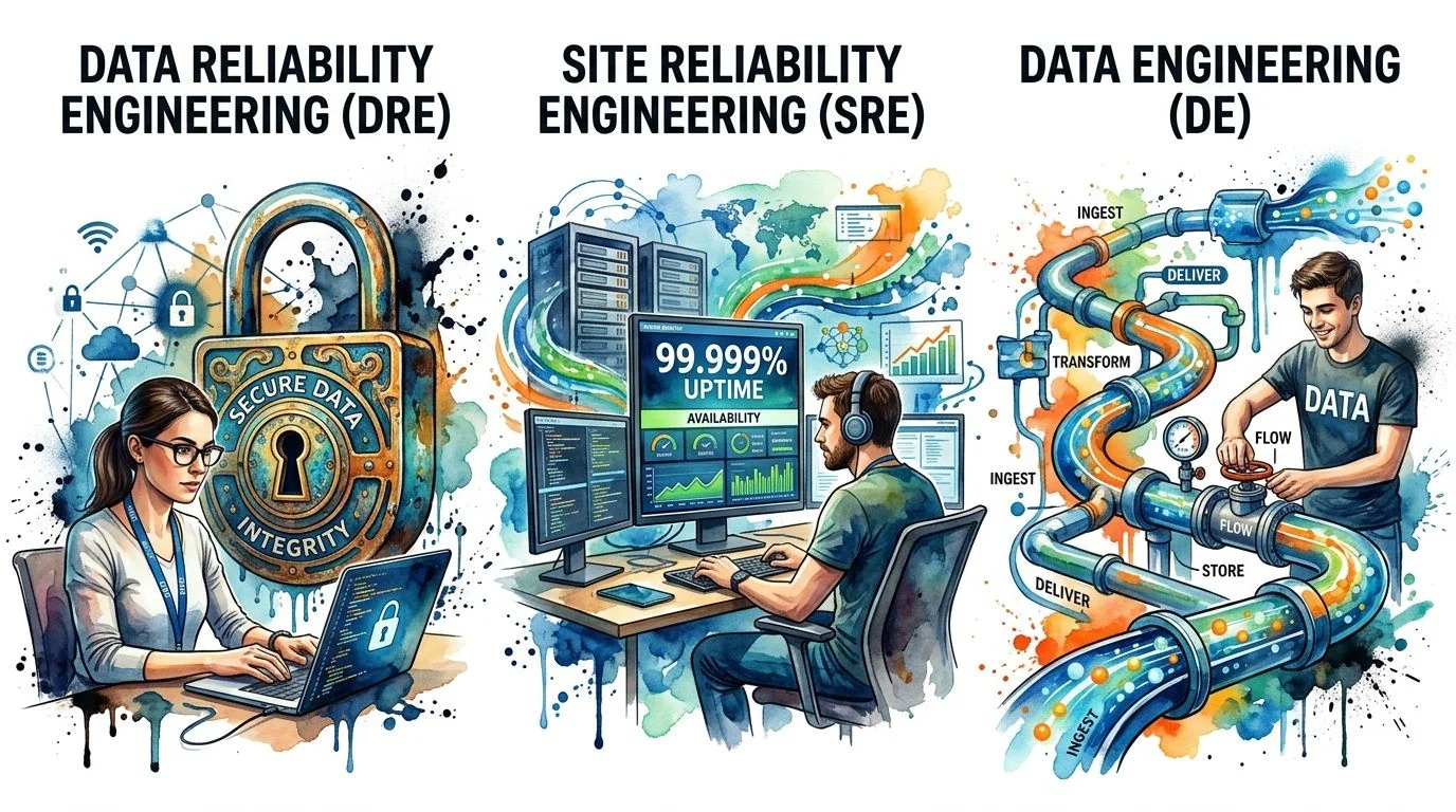 An illustration comparing Data Reliability Engineering, Site Reliability Engineering, and Data Engineering with professional workplace imagery.