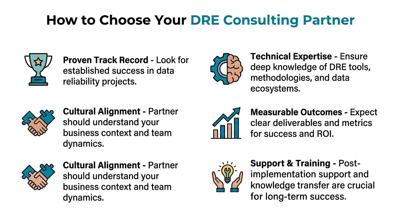 A guide listing six key considerations for choosing a data reliability engineering consulting partner for businesses.