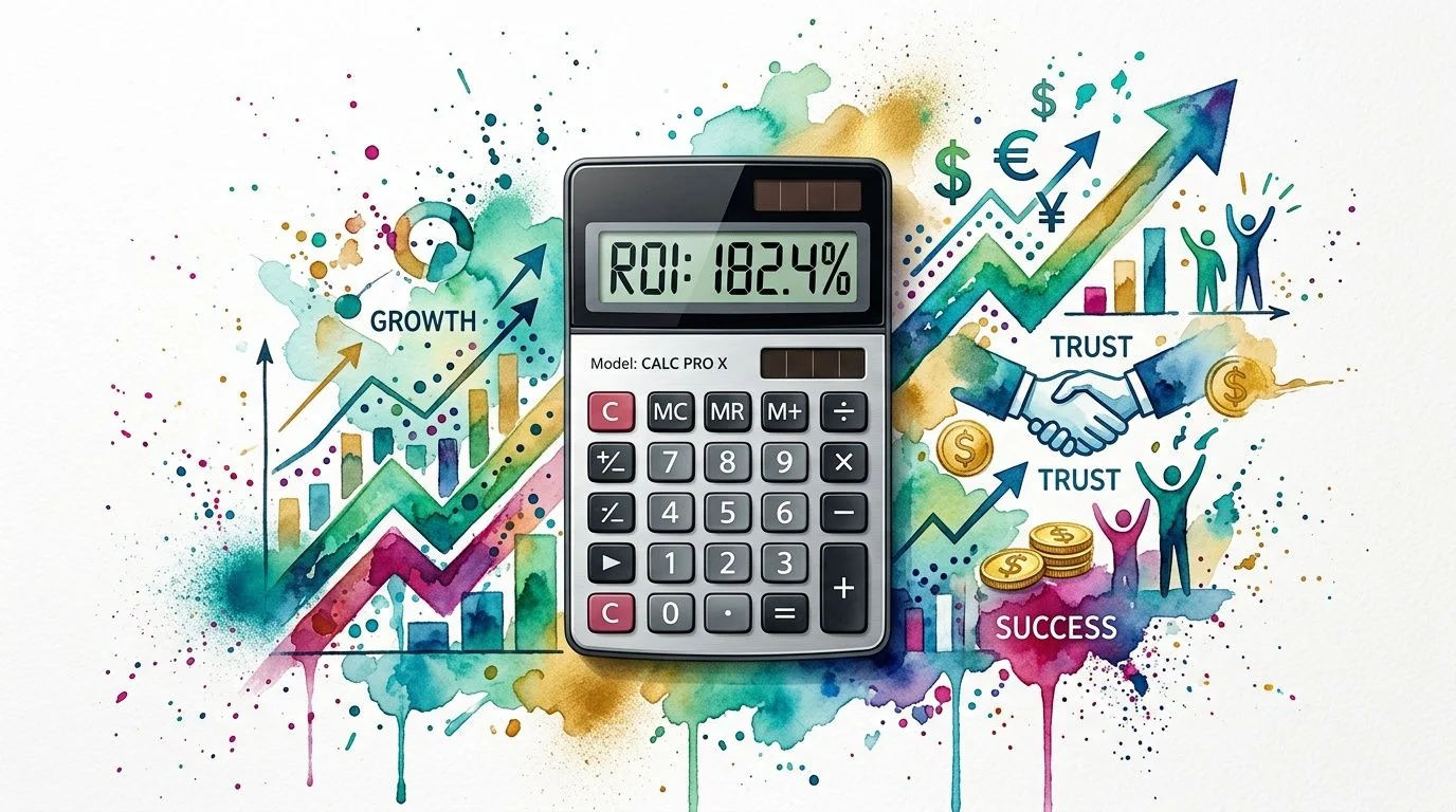 A digital illustration of a calculator displaying 182.4 percent ROI with watercolor-style business charts and symbols.