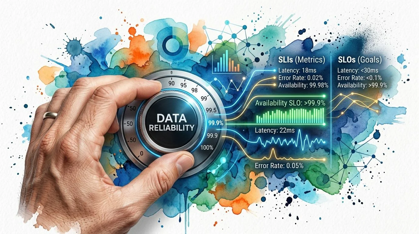 A hand turning a dial labeled Data Reliability with overlaid performance metrics and technical graphs.