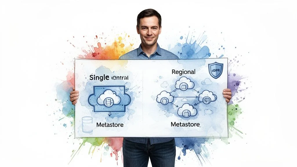 Man presenting a diagram comparing single central and regional metastore data architectures.