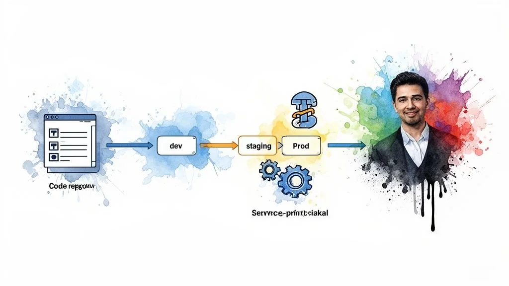 A diagram illustrating a software deployment pipeline from code repository through dev, staging, and production environments.