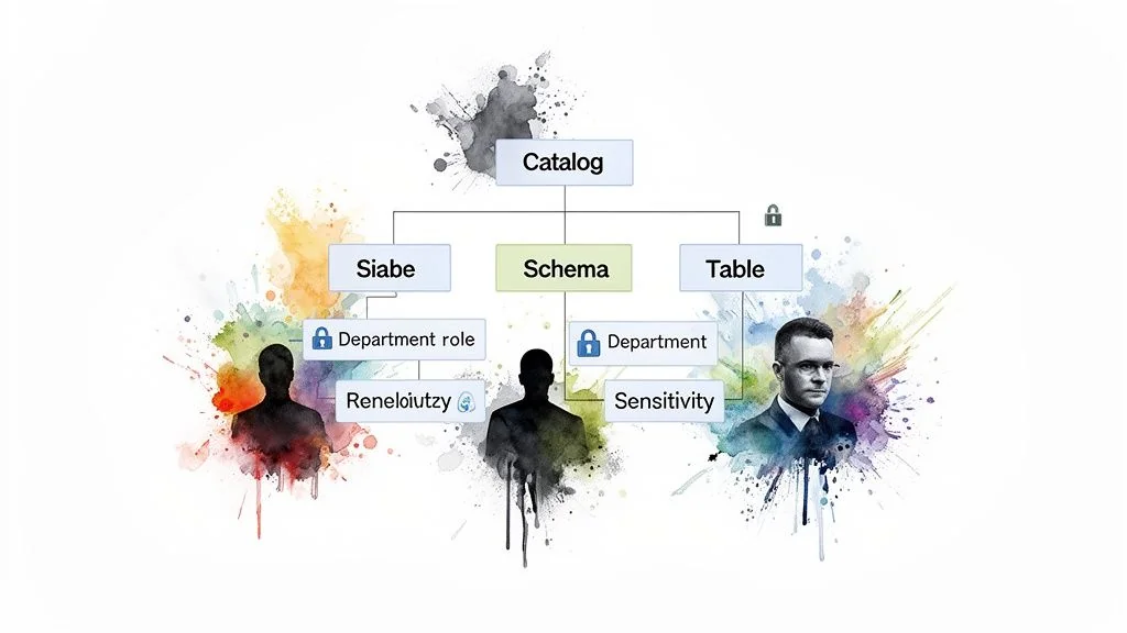Hierarchical data catalog diagram showing Schema, Table, and access control with three figures.
