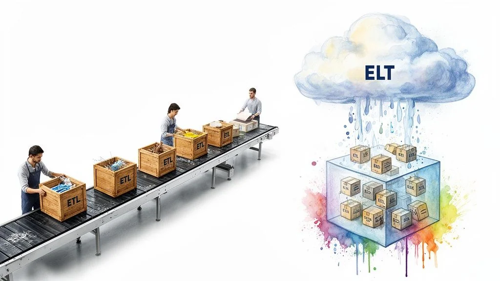 Diagram comparing Database and Data Warehouse, highlighting their distinct uses for transactions, real-time data vs. analytics and historical data.