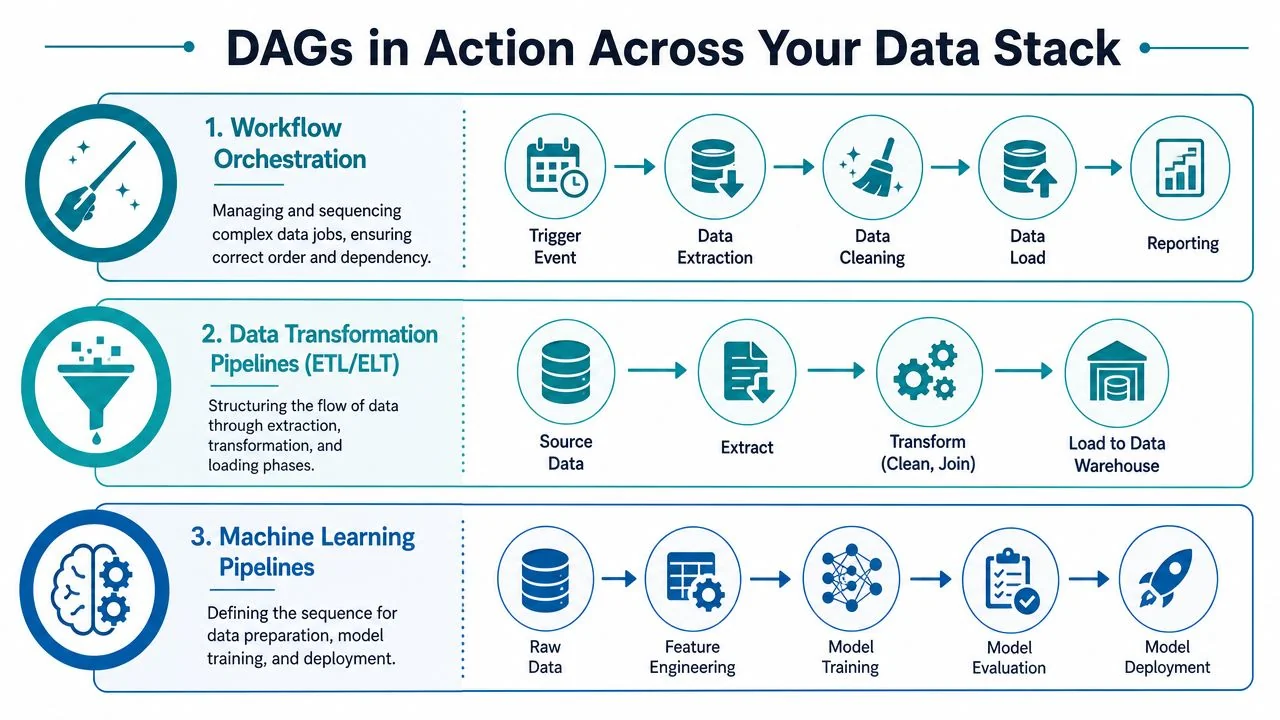 A diagram illustrating how directed acyclic graphs work across data stack workflows, pipelines, and machine learning processes.