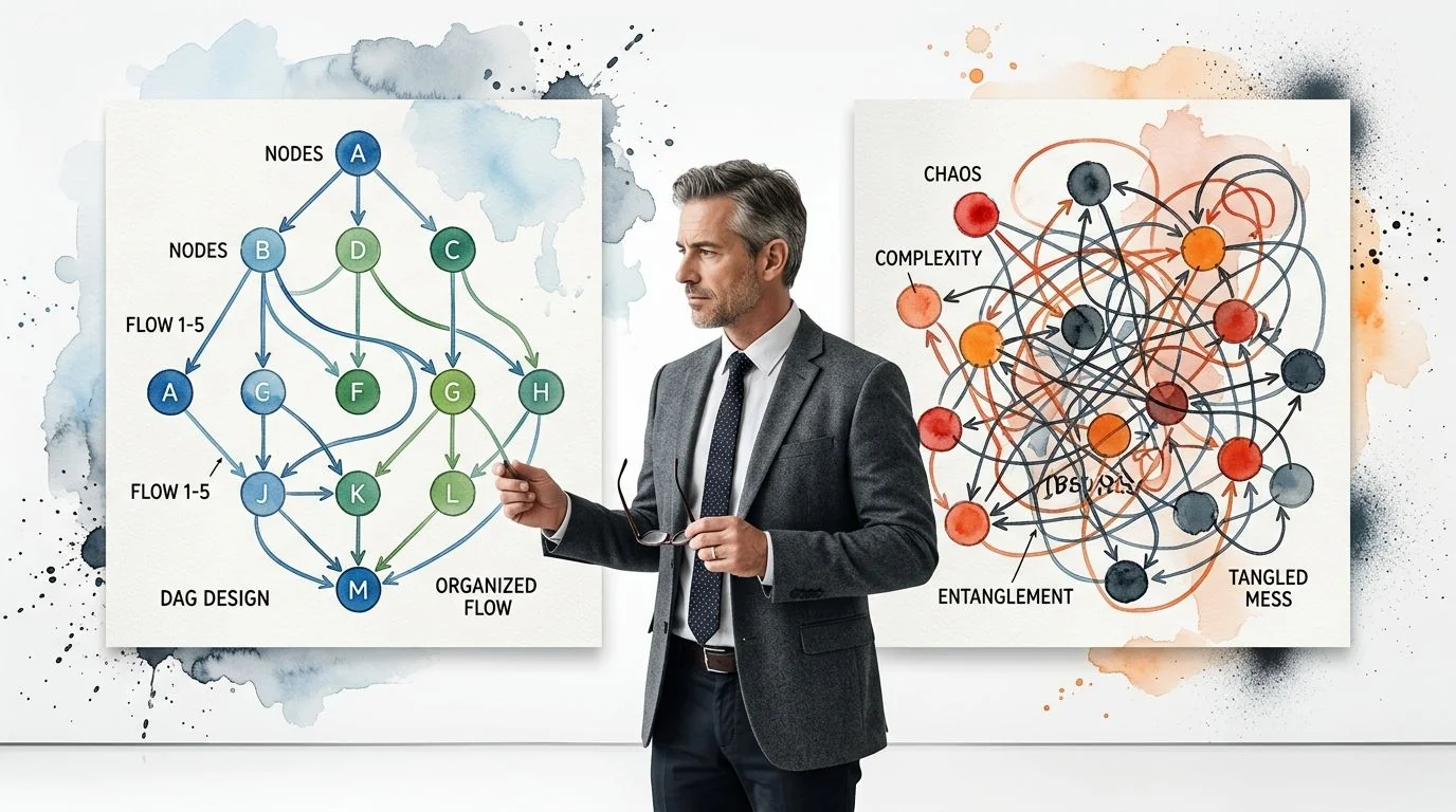 A professional man compares an organized directed acyclic graph chart with a complex tangled mess diagram.