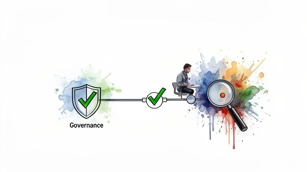 Illustration of data governance, a person working on a laptop, and a magnifying glass for analysis.