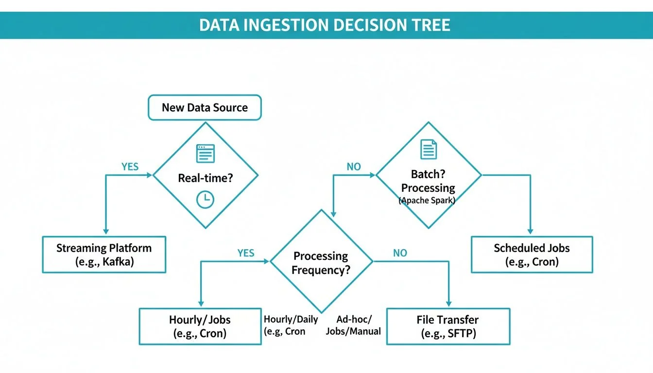 A data ingestion decision tree flowchart guiding through real-time, batch, and processing frequency choices.