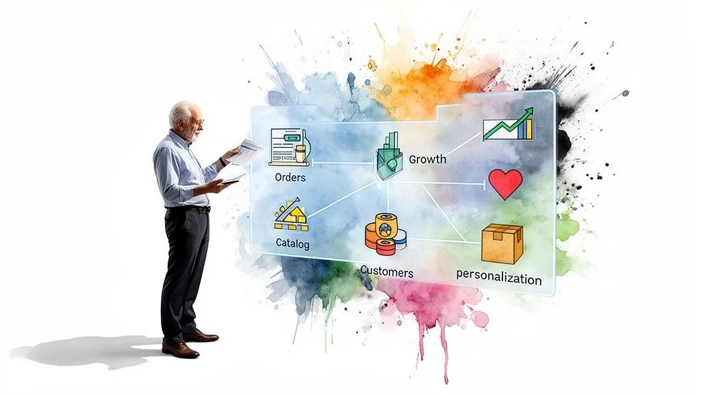 An older man reviews e-commerce data like orders, growth, customers, and personalization on a transparent digital display.