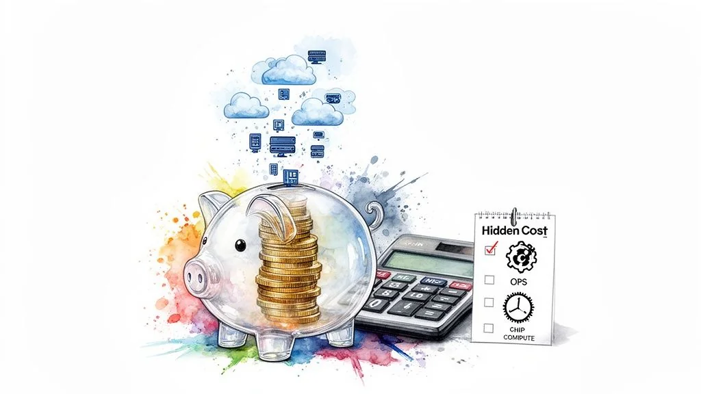 Two men observing data flowing from a physical server rack to a 'Cloud Warehouse' with pipelines and charts.