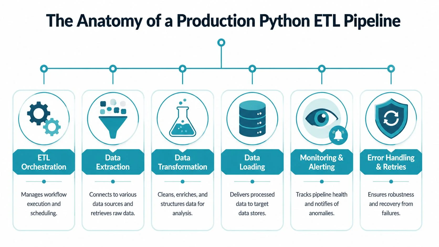 A diagram illustrating the six core components of a production-grade Python ETL data pipeline process.