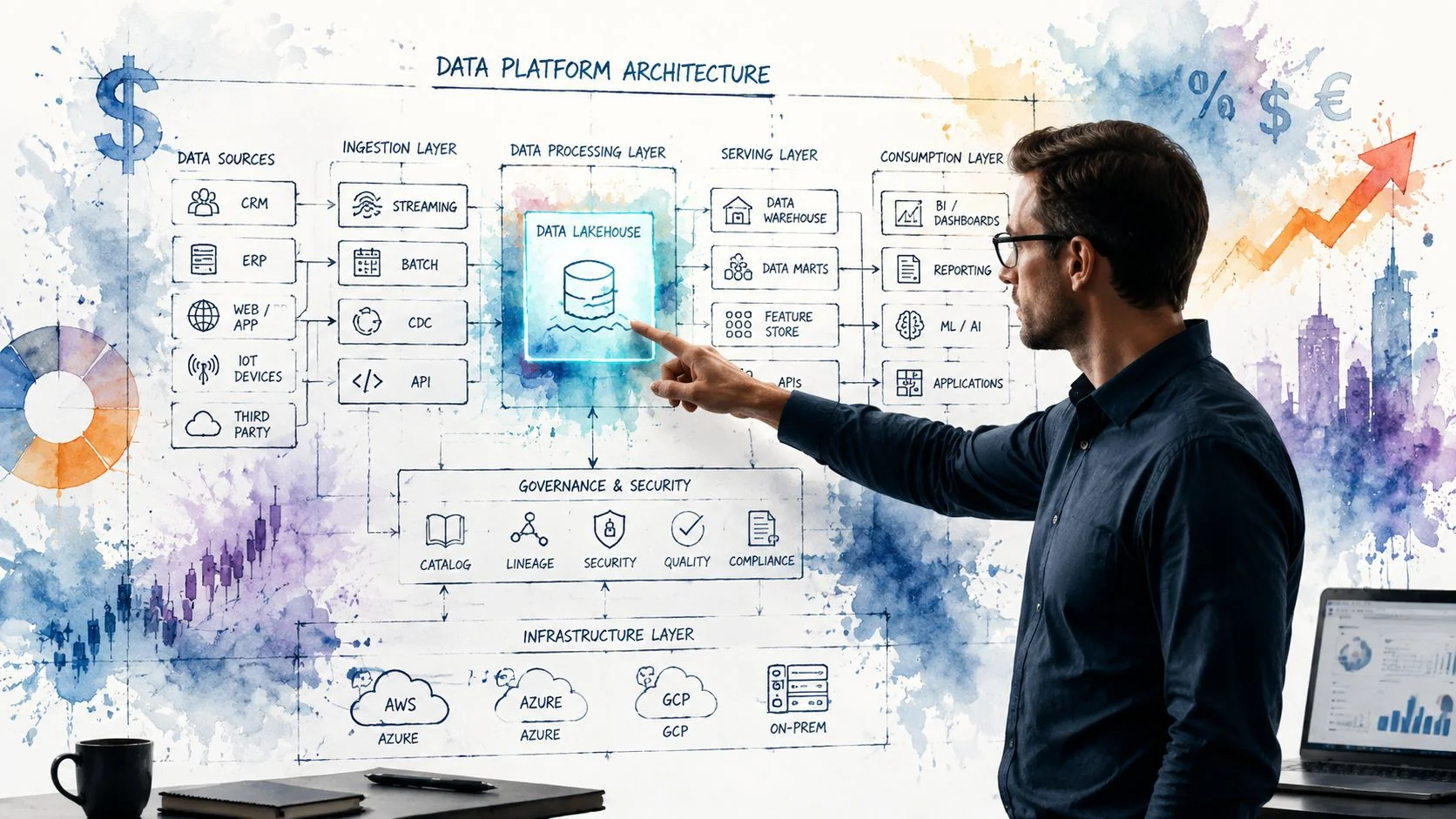 A professional man pointing at a data platform architecture diagram on a wall during a presentation.