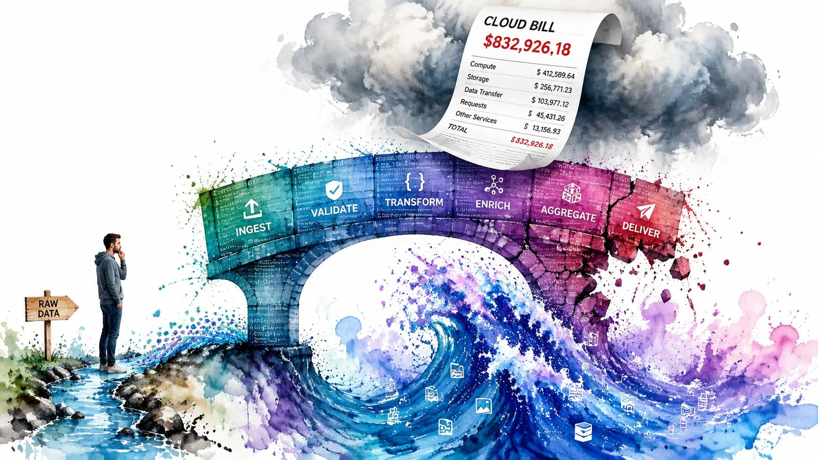 A person looking at a digital data processing bridge being overwhelmed by a massive, expensive cloud bill.
