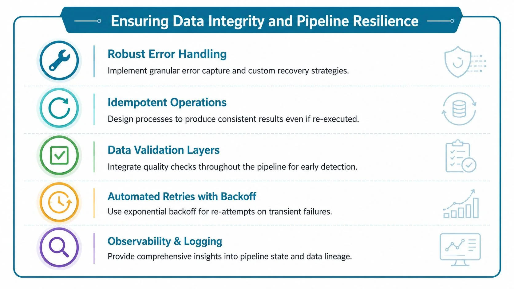 A diagram outlining five key strategies for ensuring data integrity and resilience in data pipelines.