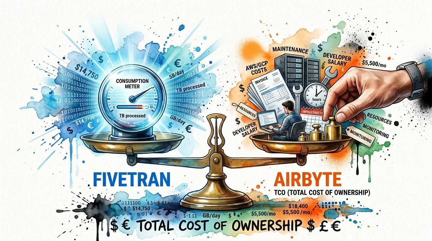 A visual comparison between Fivetran and Airbyte illustrating the total cost of ownership through a balance scale.