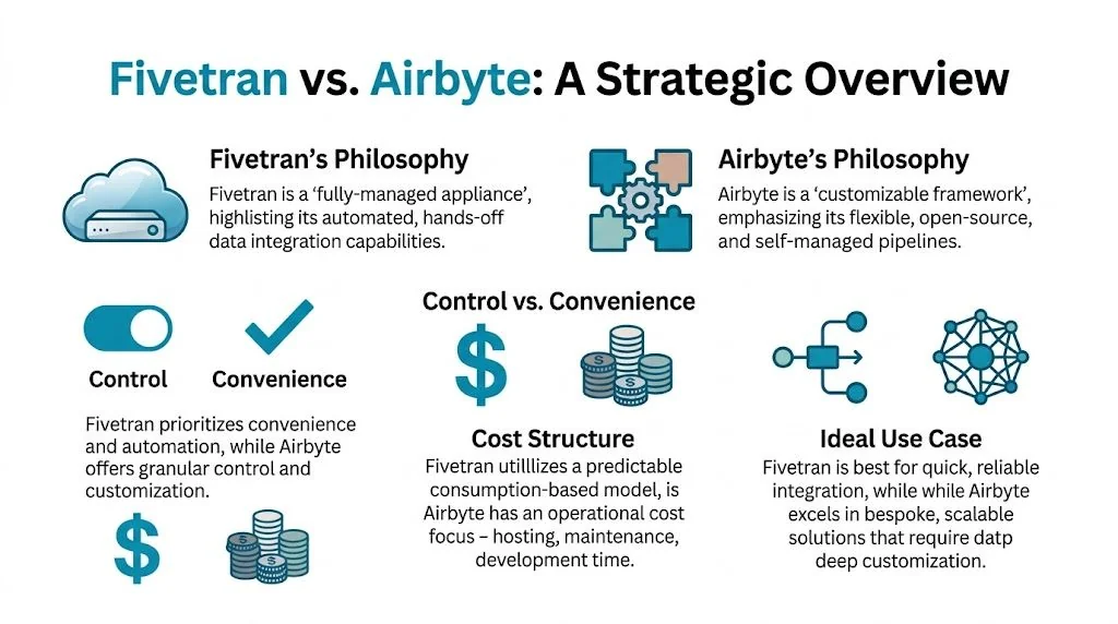 A strategic comparison infographic outlining the key differences between Fivetran and Airbyte data integration tools.