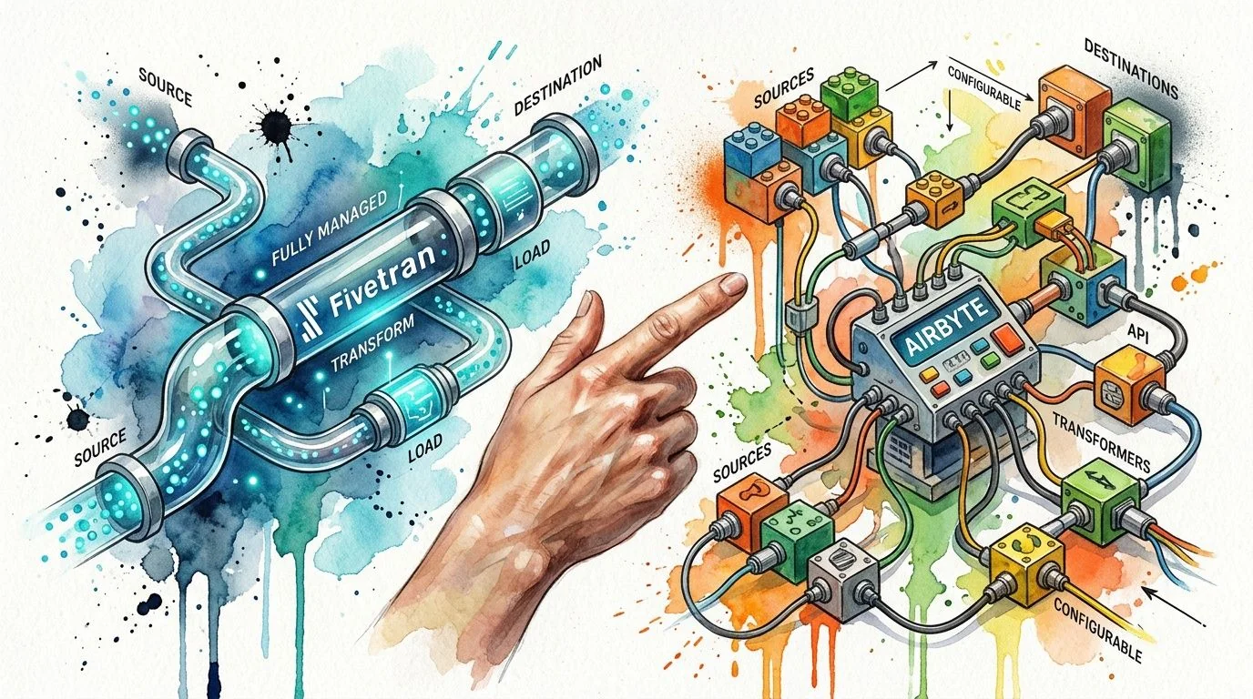 A watercolor illustration comparing Fivetran, shown as a singular managed pipeline, and Airbyte, shown as a modular system.