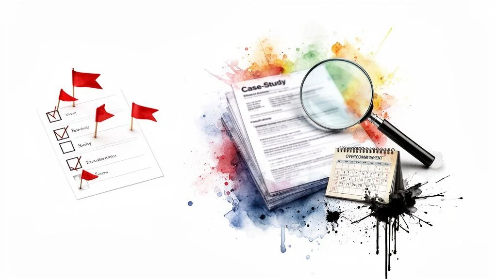 A checklist with red flags, case studies, magnifying glass, and 'OVERCOMMITMENT' calendar on a watercolor background.