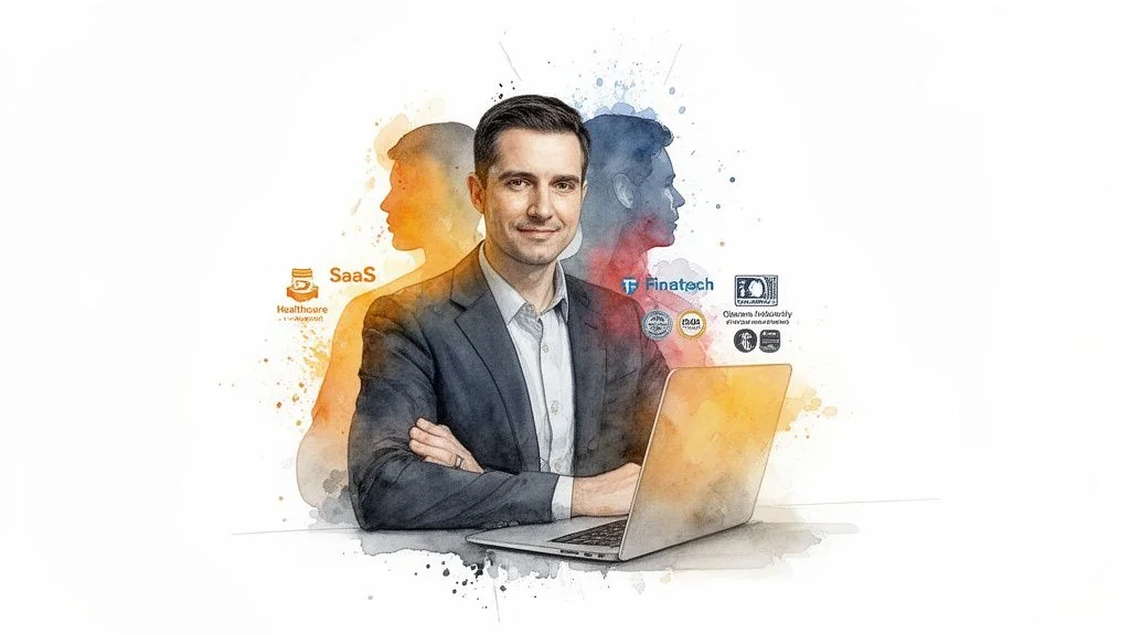 Professional man in suit working on laptop, surrounded by SaaS, Healthcare, Finatech expertise.