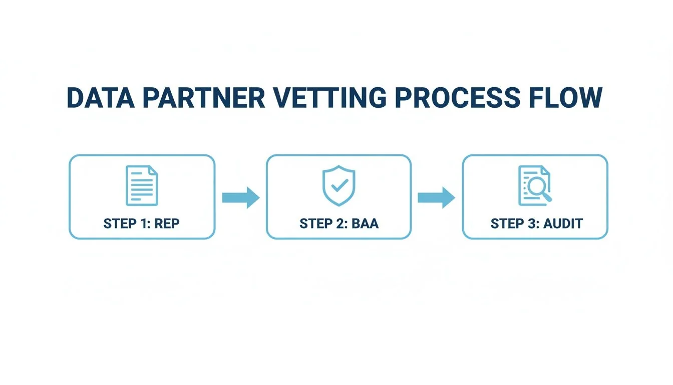 A flowchart illustrating the data partner vetting process flow with three steps: REP, BAA, and AUDIT.