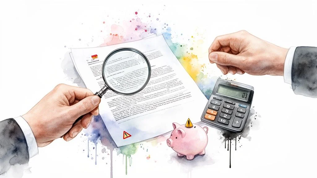 Hands examining financial documents with a magnifying glass, calculator, and piggy bank with warning signs.