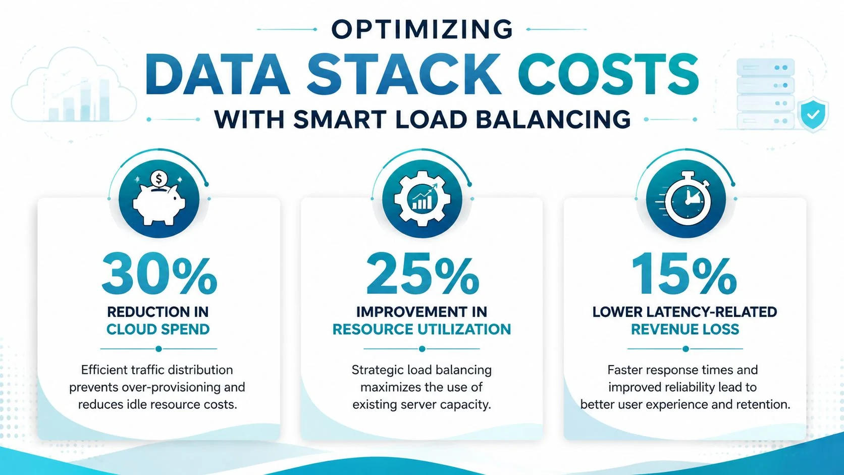 An infographic showing how smart load balancing reduces cloud spend by 30%, improves resource utilization, and lowers revenue loss.