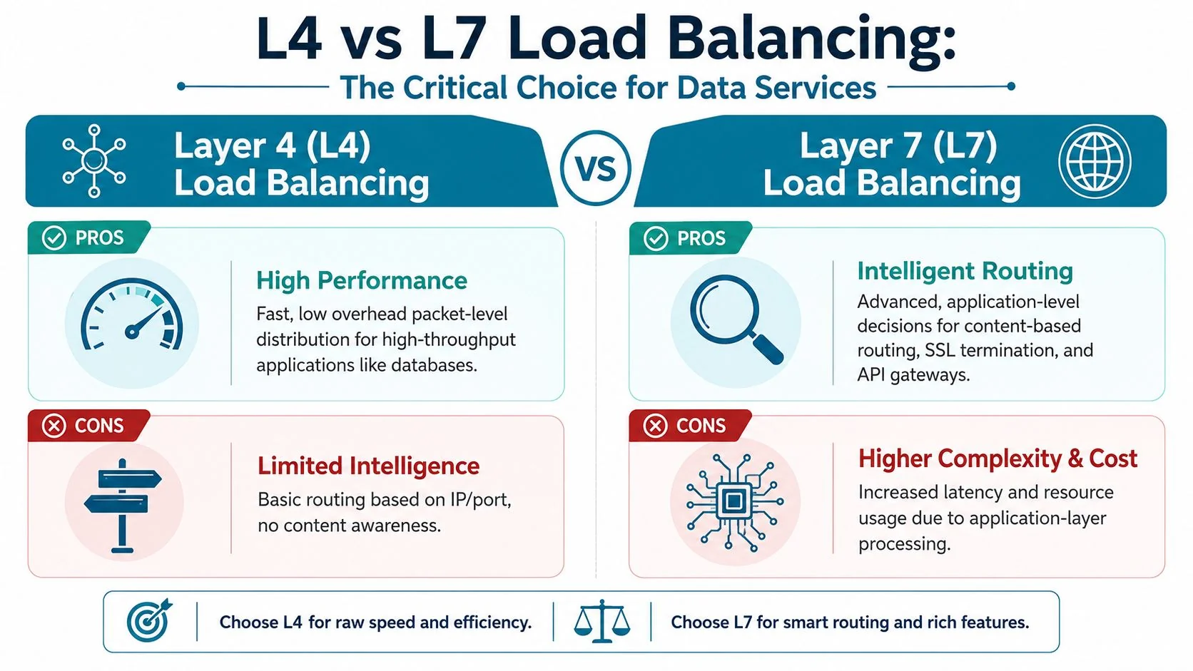 A comparison chart explaining the pros and cons of Layer 4 versus Layer 7 load balancing systems.